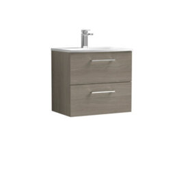 Balterley  Modern Bathroom Wall Hung 2-Drawer Vanity & Curved Basin, Solace Oak, 600 mm - thumbnail 1