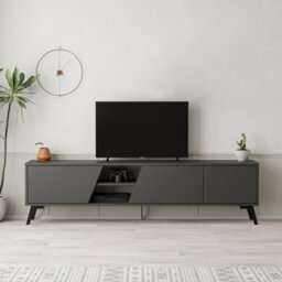 "Decortie Fiona Modern Tv Unit Multimedia Cabinet With Storage Doors 75"" Anthracite Grey 180Cm" - thumbnail 4