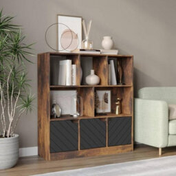 Urbn-Living Urbnliving Asymmetrical 8 Cube Rustic Brown Bookcase Freestanding Storage Unit With 3 Line Design Doors - Black - thumbnail 2
