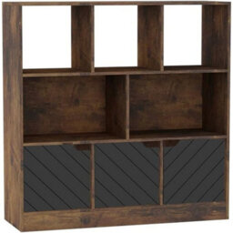 Urbn-Living Urbnliving Asymmetrical 8 Cube Rustic Brown Bookcase Freestanding Storage Unit With 3 Line Design Doors - Black - thumbnail 1