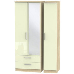 Trent Tall Triple 2 Drawer Mirrored Wardrobe In Cream & Bardolino Oak (Ready Assembled)
