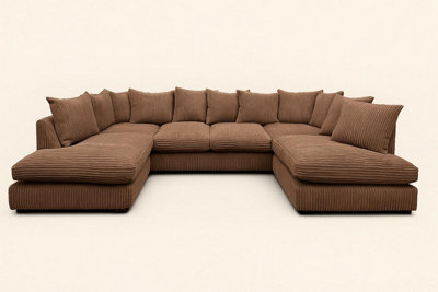 Sofaselectionuk Ltd Jumbo Cord U Shaped Scatter Back Sofa In Brown Colour Comfortable 6&7 Seater With Memory Foam Seating & Removable Cushions
