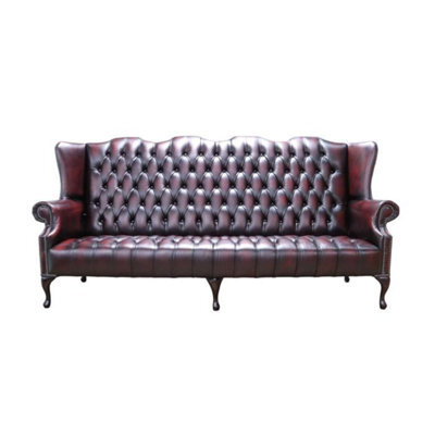 Chesterfield 4 Seater Buttoned Seat Sofa Antique Oxblood Leather In Queen Anne Style - image 1