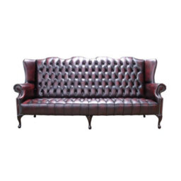 Chesterfield 4 Seater Buttoned Seat Sofa Antique Oxblood Leather In Queen Anne Style - thumbnail 1