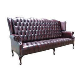 Chesterfield 4 Seater Buttoned Seat Sofa Antique Oxblood Leather In Queen Anne Style - thumbnail 2