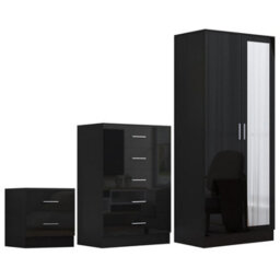 Reflect 2 Door Mirror Wardrobe, 5 Drawer Chest, 2 Drawer Bedside - Black Gloss & Black Oak - Modern Bedroom Furniture Set - thumbnail 5