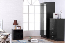 Reflect 2 Door Mirror Wardrobe, 5 Drawer Chest, 2 Drawer Bedside - Black Gloss & Black Oak - Modern Bedroom Furniture Set