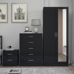 Reflect 2 Door Mirror Wardrobe, 5 Drawer Chest, 2 Drawer Bedside - Black Gloss & Black Oak - Modern Bedroom Furniture Set - thumbnail 3