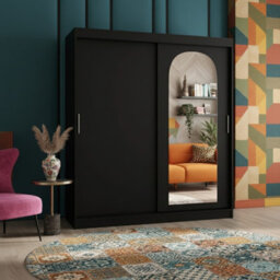 Selfie 180Cm Sliding Wardrobe 2 Door With Mirror Modern Bedroom And Living Room Storage Closet 180Cm Width Black - thumbnail 1