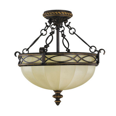 Elegant 2 Bulb Semi Flush Light With Faceted Glass And Walnut Finish - Led E27 100W