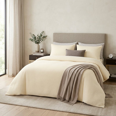 Cream Honeycomb Waffle Duvet Cover Set Single Double King Super King Textured Stripe Bedding Soft Touch Quilt Cover With Matching - image 1