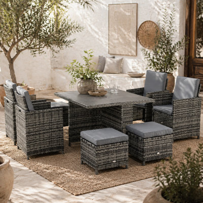 Wyld Haus Noco Rattan Grey 8-Seater Outdoor Dining Set With Armchairs And Footstools, 9-Piece Cube Layout - image 1