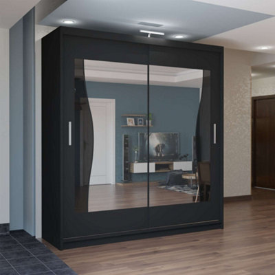 M N Furniture Ltd Wardrobe With Led Light - Modern Sliding Door Mirrored Wardrobe- Adjustable Storage Bedroom Cabinet  (Black, 120Cm) - image 1