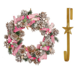 Dibor 33Cm Pastel Pink Driftwood Front Door Christmas Wreath With Star Wreath Hanger - thumbnail 1
