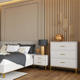 Kaszmir 3 Drawer Chest On Gold Legs Stylish Small Side Cabinet In Cashmere Finish Abs Edging - thumbnail 3