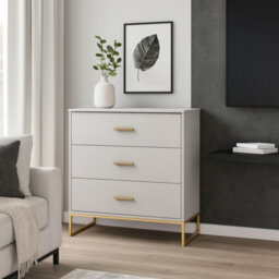 Kaszmir 3 Drawer Chest On Gold Legs Stylish Small Side Cabinet In Cashmere Finish Abs Edging