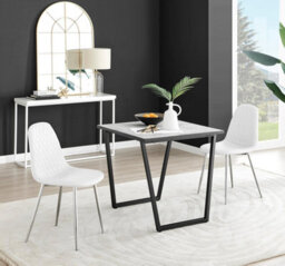 Furniturebox Uk Carson White Marble Effect Square Dining Table & 2 White Corona Silver Chairs