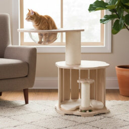 Costway Wooden Cat Tree 3-Level Cute Kitten Tower With Condo-Natural - thumbnail 4