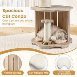Costway Wooden Cat Tree 3-Level Cute Kitten Tower With Condo-Natural - thumbnail 6
