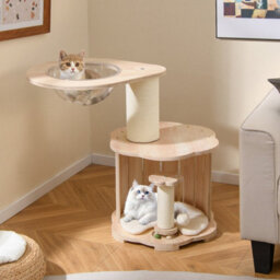 Costway Wooden Cat Tree 3-Level Cute Kitten Tower With Condo-Natural - thumbnail 1