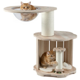 Costway Wooden Cat Tree 3-Level Cute Kitten Tower With Condo-Natural - thumbnail 2