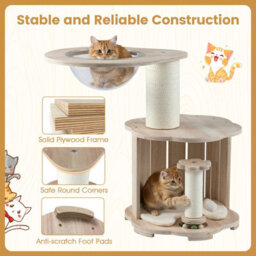 Costway Wooden Cat Tree 3-Level Cute Kitten Tower With Condo-Natural - thumbnail 9