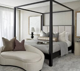 Stratus Interiors Metallic Four Poster Luxury Upholstered Bed Gold Chrome Silver Master Bedroom