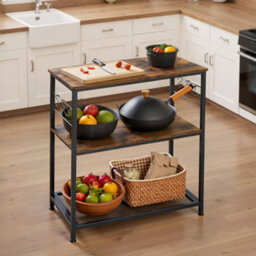 Ledrem Kitchen Island Shelf, Baker's Rack, Microwave Oven Stand, With Metal Frame, 3 Open Shelves, 6 Hooks - thumbnail 3