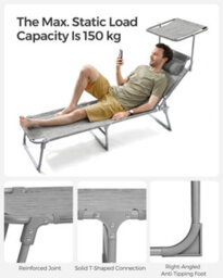 Songmics Sun Lounger, Deck Chair Folding, , 193 X 53 X 29 Cm, Max. Load 150 Kg, With Sunshade Headrest Adjustable Backrest - thumbnail 6
