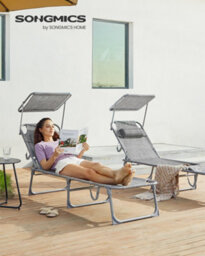 Songmics Sun Lounger, Deck Chair Folding, , 193 X 53 X 29 Cm, Max. Load 150 Kg, With Sunshade Headrest Adjustable Backrest - thumbnail 2