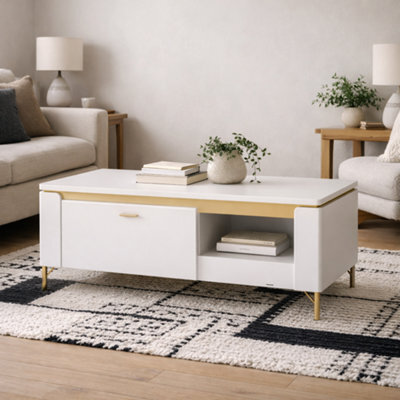 Wyld Haus Maribo Matt White Coffee Table 1 Drawer Gold Metal Legs - image 1