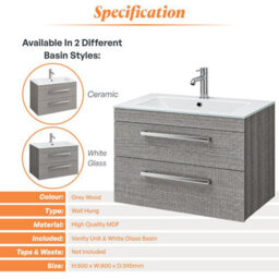 Plum&clay Novela Grey Wood Wall Hung Vanity Unit With Glass Basin Bathroom Furniture (W)800mm - thumbnail 6