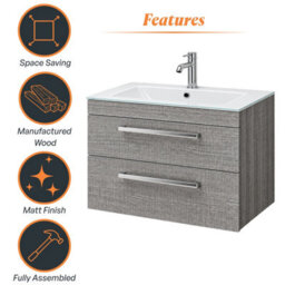 Plum&clay Novela Grey Wood Wall Hung Vanity Unit With Glass Basin Bathroom Furniture (W)800mm - thumbnail 7