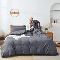 Ameha Plain Dyed Duvet Cover Complete Set With Matching Fitted Sheet & Pillowcase Microfiber King Charcoal - thumbnail 8