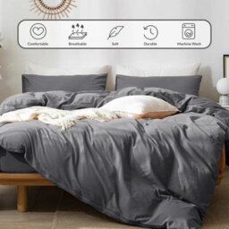Ameha Plain Dyed Duvet Cover Complete Set With Matching Fitted Sheet & Pillowcase Microfiber King Charcoal - thumbnail 2