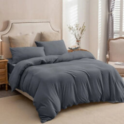 Ameha Plain Dyed Duvet Cover Complete Set With Matching Fitted Sheet & Pillowcase Microfiber King Charcoal - thumbnail 3