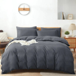 Ameha Plain Dyed Duvet Cover Complete Set With Matching Fitted Sheet & Pillowcase Microfiber King Charcoal - thumbnail 7