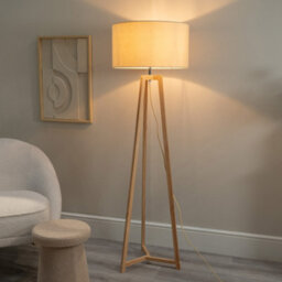 Valuelights Lottie Natural Wood Tripod Floor Lamp With Natural Drum Shade - Led Bulb Included