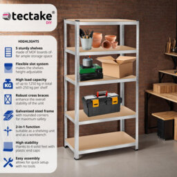 Tectake Garage Shelving - Heavy-Duty Galvanised Steel Frame, Height-Adjustable Shelves - 90 X 40 X 180 Cm - 1250 Kg - Silver - thumbnail 2