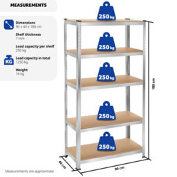 Tectake Garage Shelving - Heavy-Duty Galvanised Steel Frame, Height-Adjustable Shelves - 90 X 40 X 180 Cm - 1250 Kg - Silver - thumbnail 6