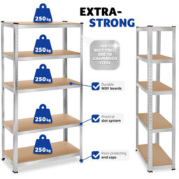 Tectake Garage Shelving - Heavy-Duty Galvanised Steel Frame, Height-Adjustable Shelves - 90 X 40 X 180 Cm - 1250 Kg - Silver - thumbnail 4