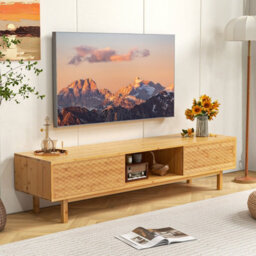 "Costway Bamboo Tv Stand For 65"" Tvs 160Cm Mid Century Modern Tv Console Table"