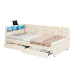 Modernluxe 3Ft Single Daybed, Sofa Bed, With Drawers, Led Modern Bed With Charging Station, Linen, 90 X 190Cm, Beige - thumbnail 9