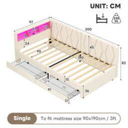 Modernluxe 3Ft Single Daybed, Sofa Bed, With Drawers, Led Modern Bed With Charging Station, Linen, 90 X 190Cm, Beige - thumbnail 4
