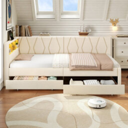 Modernluxe 3Ft Single Daybed, Sofa Bed, With Drawers, Led Modern Bed With Charging Station, Linen, 90 X 190Cm, Beige - thumbnail 3