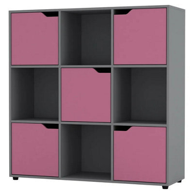 Urbn-Living Urbnliving 9 Cube Grey Wooden Bookcase Shelving Display Shelves Storage Unit Wood Shelf Pink Door - image 1