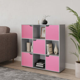 Urbn-Living Urbnliving 9 Cube Grey Wooden Bookcase Shelving Display Shelves Storage Unit Wood Shelf Pink Door - thumbnail 2