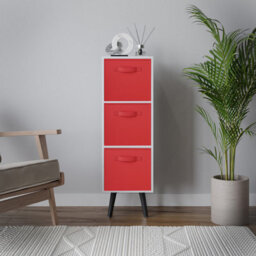 Urbn-Living Urbnliving 80Cm Height 3 Tier White Wooden Storage Bookcase Red Insert Scandinavian Style Black Legs - thumbnail 2