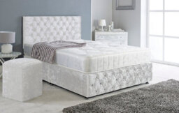 Slumbre Chesterfield Crushed Velvet Divan Bed, Ortho Mattress, Footboard & Square Stool - 6Ft Super King - White - 2 Drawers Right Side