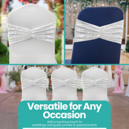 Neel Blue Pack Of 10 Velvet Chair Band Glitz Shiny Fabric Strechy Chair Band Sash, Ivory - thumbnail 8